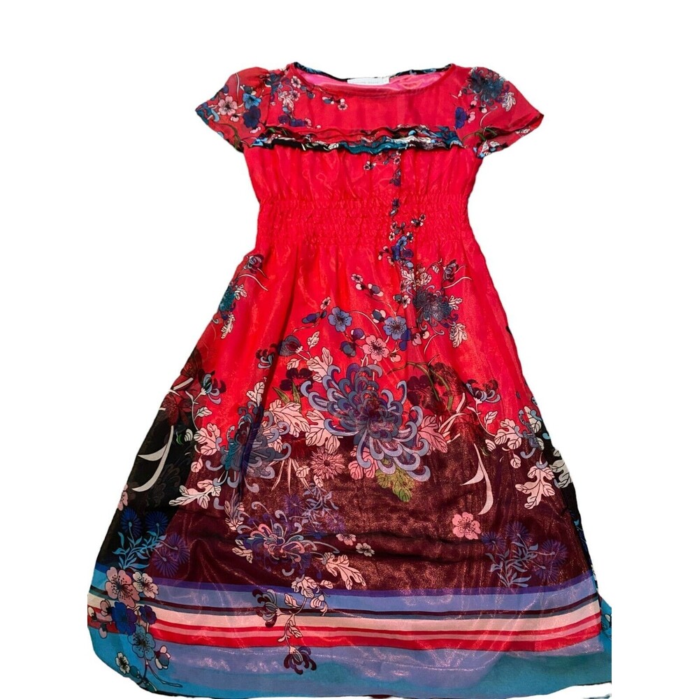 Future State Womens Fit & Flare Dress Red Small Floral Smocked Short Sleeve